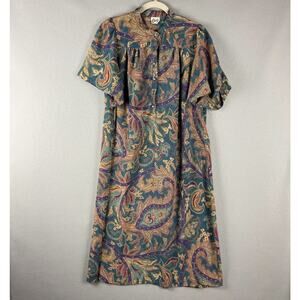 VTG Chez California Paisley Dress Women Large Jewel Tone Pearl Button 70s 80s